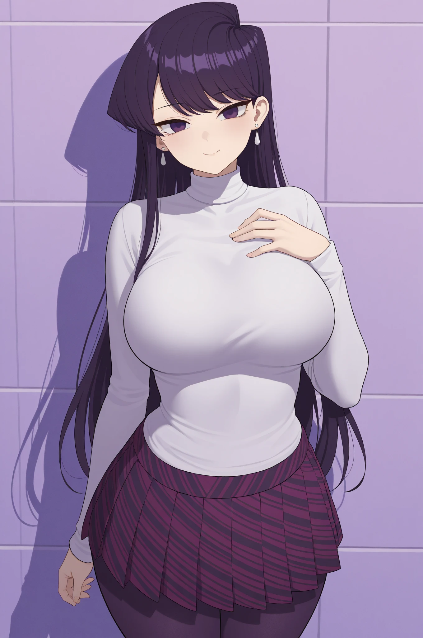 masterpiece, best quality, 1 solo girl, dark brown hair, purple eyes, long hair, medium breasts, sexy body and face, wavy hair, smile, black socks, brown bow, knee-highs, long sleeves, open bra, open panty, parted lips, pink pleated skirt, puffy long sleeves, purple shirt, pendant, bracelet, jewelry, earrings, butterfly hair ornament, book, lying at the bed, night sky, sexy pose, cowboy shots, detailed body, face, and eyes, sharp focus, vibrant, creative, dynamic, high definition, high resolution, 8k, (Upscale: R-ESRGAN 4x+ Anime6mage enchance:4x), voluptuous body, cinema lightning, dakimakura style, looking at the viewer, hairband