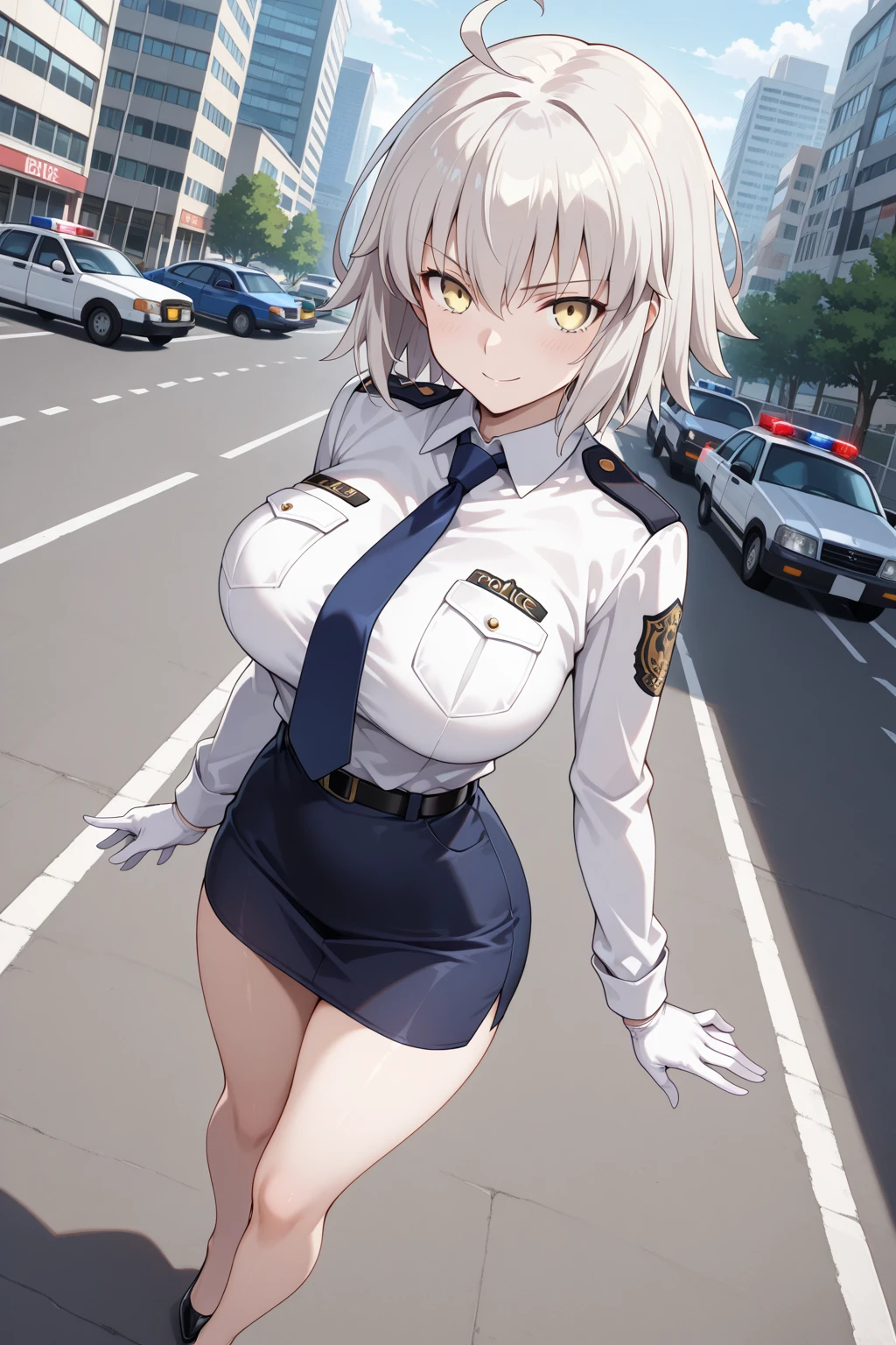 (((pixel perfect, detail perfect))), alone, 1 girl, Chisato Nishikigi,red eyes, looking at the viewer, smile, Upper body、 Police, cleavage,white belt, Midriffs, white shirt BREAK (red_front-tie top),High-waist red shorts BREAK black fingerless gloves, black boots,black police peaked cap,