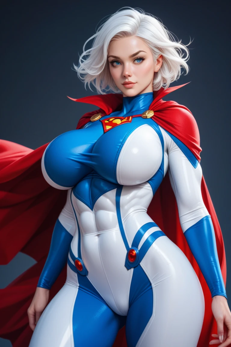 cartoon_dc_powergirl_ownwaifu, breasts, blonde hair, cape, cleavage, cleavage cutout, clothing cutout, blue eyes, large breasts, gloves, superhero, short hair, leotard, lips, belt, blue gloves, red cape, thighs, makeup, lipstick, white leotard, highleg, official art,extremely detailed CG unity 8k wallpaper, perfect lighting,Colorful, Bright_Front_face_Lighting,shiny skin, (masterpiece:1.0),(best_quality:1.0), ultra high res,4K,ultra-detailed, photography, 8K, HDR, highres, (absurdres:1.2), Kodak portra 400, film grain, blurry background, (bokeh:1.2), lens flare, (vibrant_color:1.2),professional photograph, (beautiful_face:1.5),