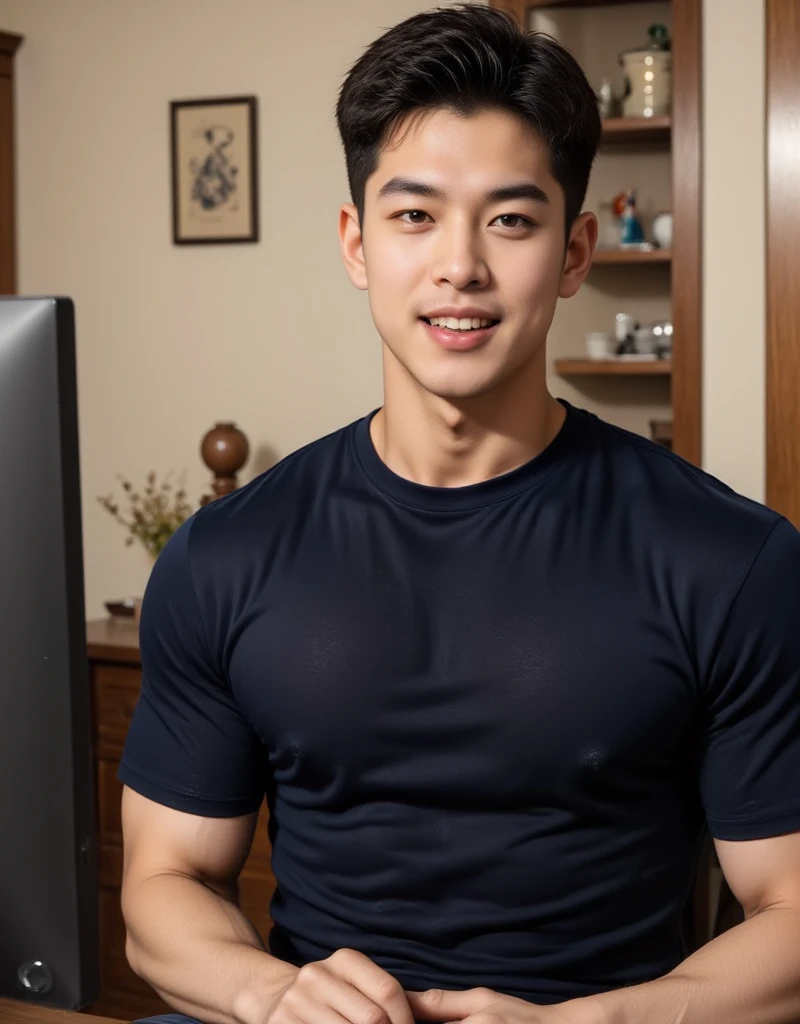 (NSFW: 1.2),独奏: 1.5, (As a matter of fact, Masterpiece, 8k HD, good light quality, sportswear, fit the face, complicated details), A handsome, muscular young Korean man sits at a table, with muscular arms. , 20 years old, be happy, detailed face, delicate eyes, look at the sky, Wear a tight blue t-shirt.:1.6 , jeans period, black eyes, Black hair color, ผมsmooth, smooth,Surreal,Superb details,Highest quality,real,Open your mouth to talk. , Close your eyes., (standing in the football field:1.1),(genital very long big :1.8),(Erection of the penis:1.5),