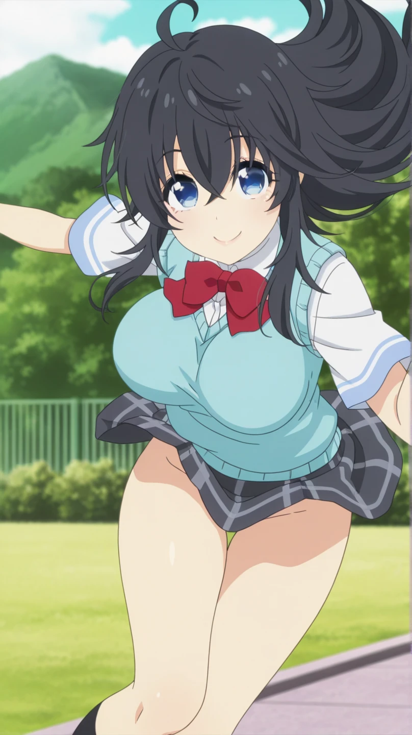 ((1 girl)) ((Idol Master))Hibiki Ganaha,slanted eyes,fang,Happy,outdoor,garden((multiple views))whole body,Low - Angle,panties,bra,(Plaid hort sleeve shirt)Unbutton your shirt