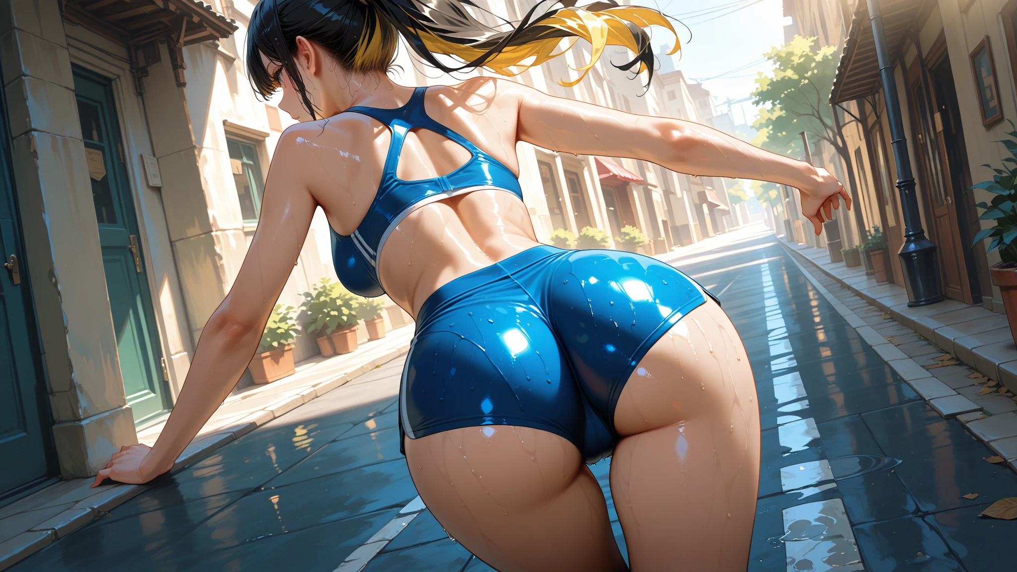 Best Quality, Masterpiece, Ultra High Resolution, (Photorealistic: 1.4), 8K Raw Photo, (Fractal Art: 1.4), Dramatic Lighting, Dynamic Lighting, Professional Lighting, Cinematic Lighting, Highly Detailed, Official Art, Flawless, Sharp Focus , Depth of Field, Exquisite Details and Textures, Delicate and Beautiful, Lens Flare, Absurd, Ray Tracing, Immersive Atmosphere, attractive young woman, woman, sexy and attractive, supermodel, goddess aura, realistic hair, detailed hair, blowing hair, seductive expression, full of stimulation expression, moan, shy, look at viewer, happy, shiny skin, finely detailed skin, long hair, hair between eyes, closed mouth, seductive smile, big eyes, multicolored hair, huge breasts, two tone hair, beach, narrow veco, metro, train station, billboard,dog
imcom print shorts, print top, cameltoe: 1.2,