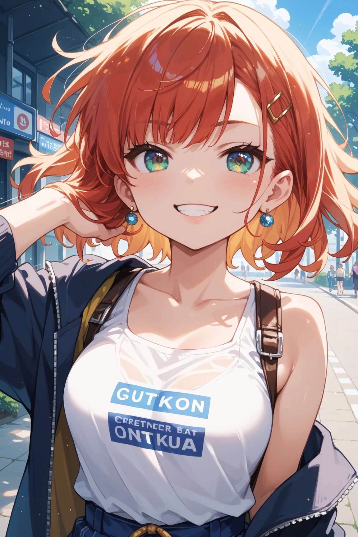 masterpiece, best quality, anime style,young woman making a smug pose. She slightly raises her chin and points her right finger directly toward the camera. She smirks with her teeth showing. Her eyes are rounded and soft, not sharp or slanted. Her hair and clothes are lightly flowing in the wind. The image includes impact lines (speed lines) radiating from the character for dramatic emphasis. Also includes the onomatopoeia "ドヤァ" (Doyaa, with the small katakana "ァ") visible in the image. The background is bright and features a townscape setting. The style is highly detailed anime. Draw her with visibly thick and voluminous eyelashes, and emphasize the radiant shine in her eyes. All directional terms such as “right” or “left” refer to the character’s own body orientation.