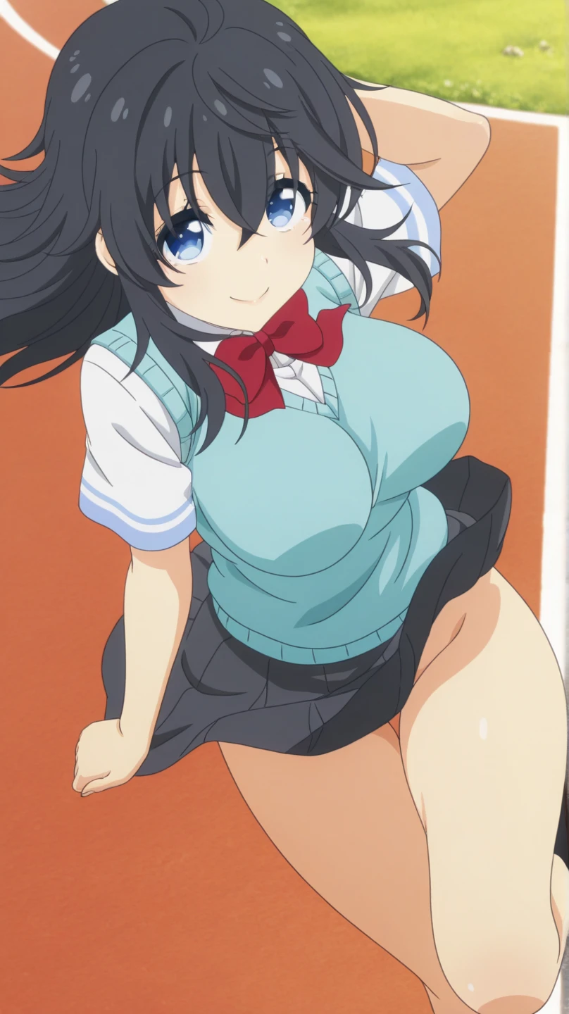 (perfect body),highest quality,16k、Masseter muscle part、((NSFW))、(((blush)))、((((embarrassing))))、:o、((((surprised))))、Are crying、Treefe○lumes、parted bangs、(blue eyes),((dark blue hair)),(Sweat)、(big ass)、huge breasts、((thick thighs))、school uniform、white shirt、(navy blue mini skirt)、(Blue Striped Panties)、((Skirts twisted by the wind))、(Stairs in the city)、Panchira、from below、Rear view、fuck from behind、back、Legs closed