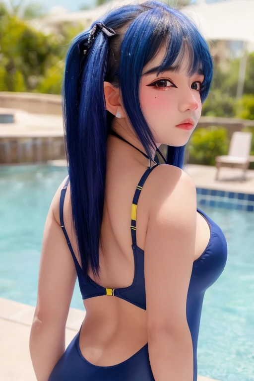 (Highest quality,128k, masterpiece:1.55, photorealistic, hyperrealistic), Ultra detailed face, Detailed lips, Detailed eyes, double eyelid,
BREAK(Shot with Canon EOS 5D Mark 4 and Canon EF Lens 85mm F1.8L lens, F value 2.8, ISO 50, shutter speed 64),
BREAK beautiful and fine eyes, perfection , perfection, roll your eyes, detailed face, fine eyes, excellent quality, masterpiece, very detailed, Advanced level of detail, many details, high quality, cinematic light, real hands, (super realistic:1.3), perfect eyes, detailed skin, skin blemish,
BREAK ((cheek rest)), head tilt, (close-up of face:1.5), (beautiful japanese girl),
BREAK smile, seductive smile, high school student , (153cm tall), (chubby : 1.3), cleavage, disproportionate breasts,
BREAK yuuka, blue eyes, halo, (purple hair:1.5), two side up, long hair,
BREAK (((High School Swimwear(simple), (dark blue), (Integrated type), (Back strap), (leotard)))), ((real shiny skin texture)), ((drenched skin)), ((glowing skin)), (gravure)
BREAK Virtual Reality District, (((in the swimming pool)))、