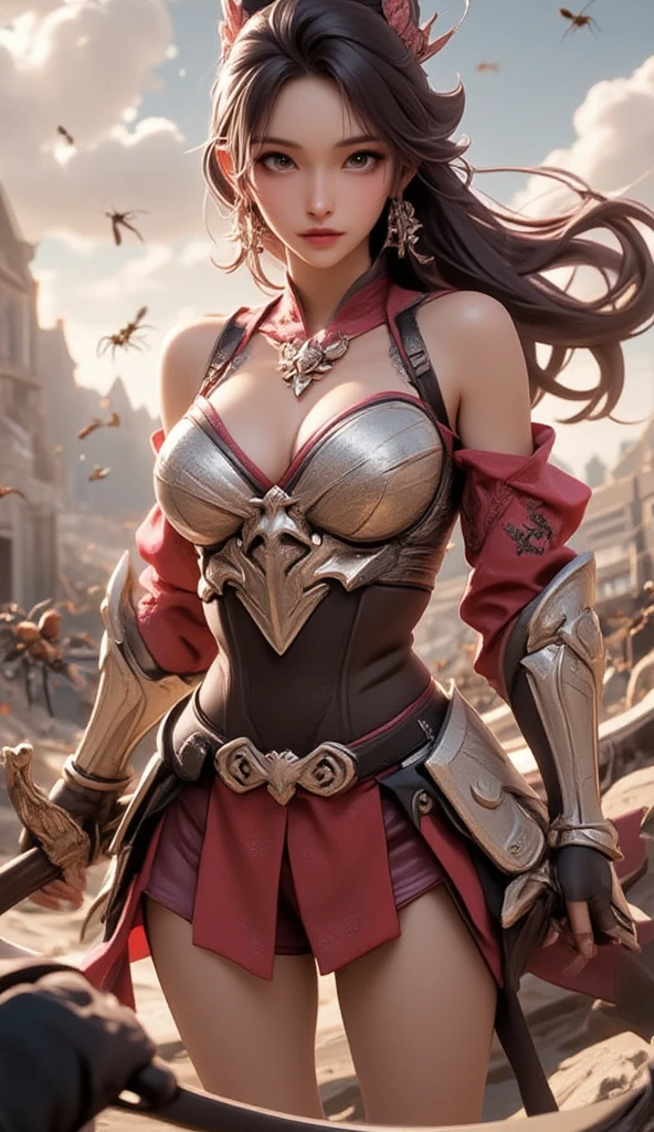 ((Highest quality,4K,High resolution,masterpiece:1.2)),((Character Concept Art)), 1 female, 20-year-old women, ((Shoulder-length brown hair、Hair curled loosely inwards)), (Skin as white as snow), Very detailed eyes (Brown Eye Color), have confidence, beautiful, slim body build, Big Breasts、((Intricate details)), Very finely crafted needles, Very finely crafted fingers(((10 fingers))),(Full-body showcase), (Show whole body),A shy smile、portrait of a woman warrior, rpg portrait concept art, (beautiful warrior, holding short sword and small shield, Wearing a red scarf, leather armor), movie poster, large "INFINITY" written at bottom of screen,