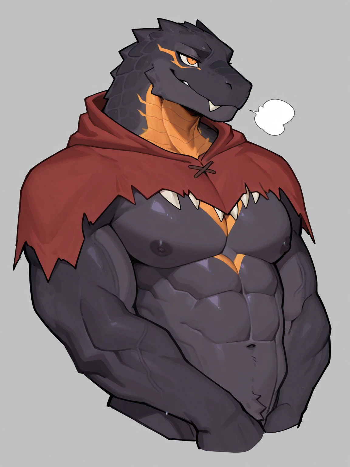 kane, anthropomorphic dragon, 3/4 view, perspective, simple background, thong, large crotch bulge, topless, broad chest, large shoulders, muscular, narrow waist, slightly chubby, accurate, male, solo, sharp teeth, grin, scalie, red eyes, pronounced horns, simple detail, brown scales, single thick tail, pecs, highres, looking at viewer, waist up, seductive pose
