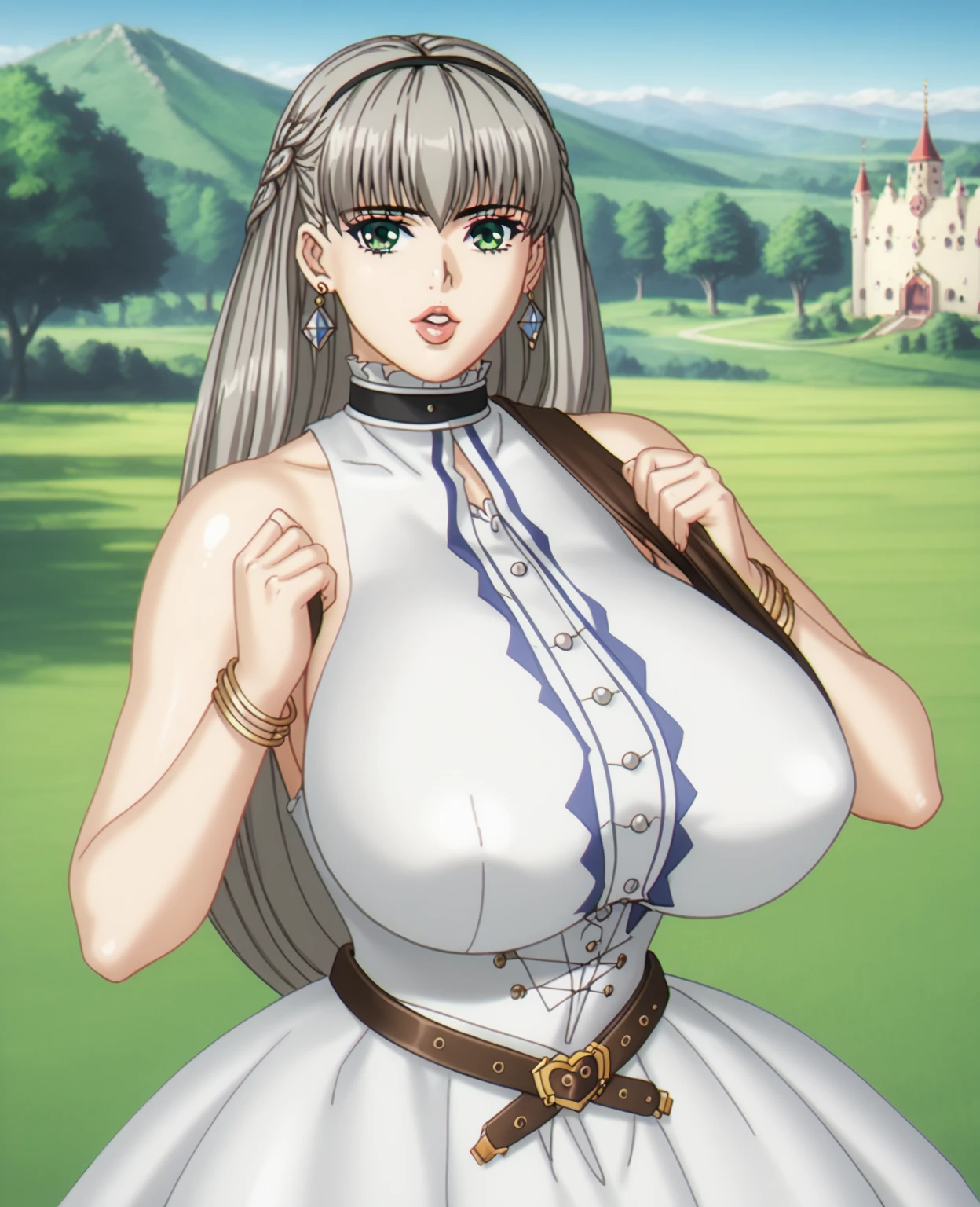 red eyes, (highest quality, masterpiece絵画:1.3), mature woman, 26 years old, (upper body shot), masterpiece, ultra high resolution, (Photoreal:1.0), Bright silver hair、straight hair, beautiful shining hair, white and shining skin, ((Ultra realistic details)), octane rendering, highly detailed face, (big breasts:1.0), She wears stunning costumes inspired by Belle Époque style, flowing gold dress decorated with lace and ribbons, (clothing: gold belle époque dress with lace and ribbons), cleavage, perfect body, soft skin, anime face, perfect face, perfect eyes, (Left eye wink), looking at the viewer, smart, Under the cherry blossom tree background, church, cherry blossom petals are falling, outdoors,sharp focus, intricate details, professional artwork, (bright colors:1.1), bright colors, diffused lighting, digital blending, ultra-definition body,Condescending eyes, ultra detail hair, super detailed face, that'It's trending on pixiv, top button open, Cute gaze, compensate, perfect lips, perfect compensate, Ultra-precision coating, (light_smile:0.6), (Very embarrassed:0.8),