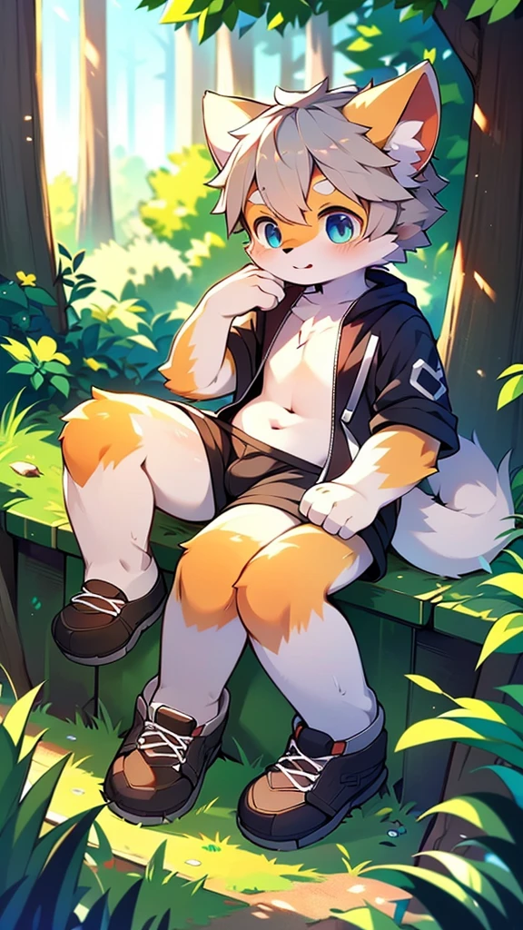 HD，high resolution，high quality，Shota，cute，Gold and black，sports Shorts，Sitting in an oak chair，Crotch close-up，blow job