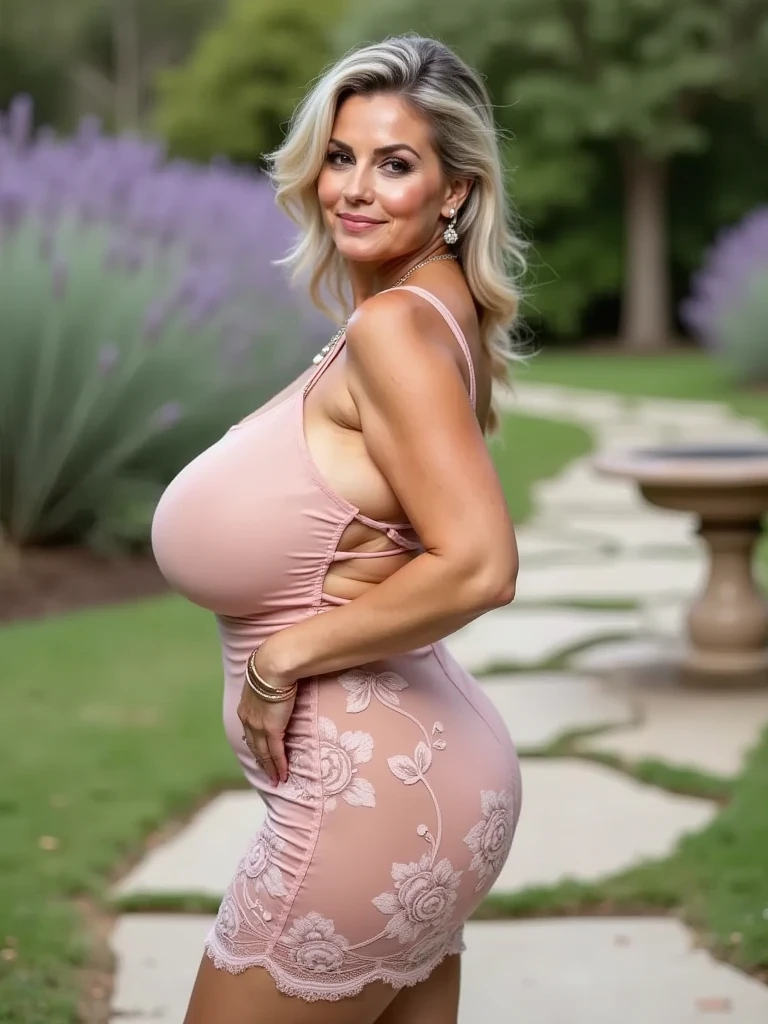 looking 60 years old, beautiful and seductive curvy white milf with big breast and big ass,,,,,, , - , wearing a pink maxi dress