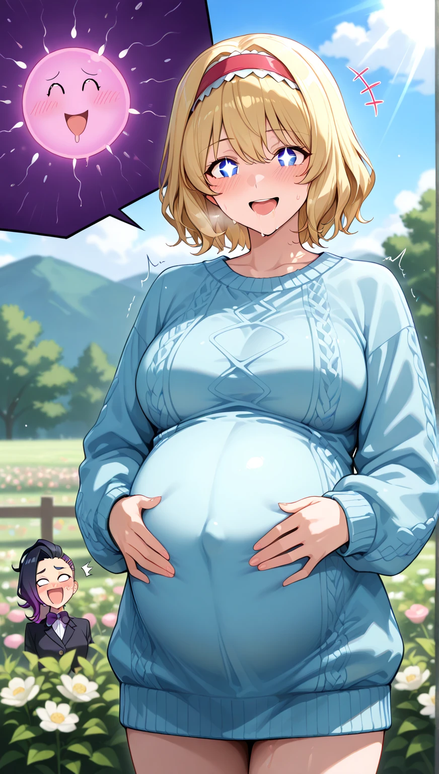 masterpiece, best quality, ultra-detailed, beautiful lighting, Woman, tight jeans, blonde hair, (green eyes:1.3), (white sweater:1.2), turtleneck, standing up, in park, beautiful scenery, slight blush, smiling, (cute smile:1,1), (glossy lips:1.1), (beautiful eyes:1.1), wonderful backround, closed mouth, arms_behind_back, short hair HD HQ UHD, (link:1.5), legend of zelda, GS-womanly, (huge breasts:1.2), middle-aged women, mature woman, 49 years old, (pregnant:1.5)