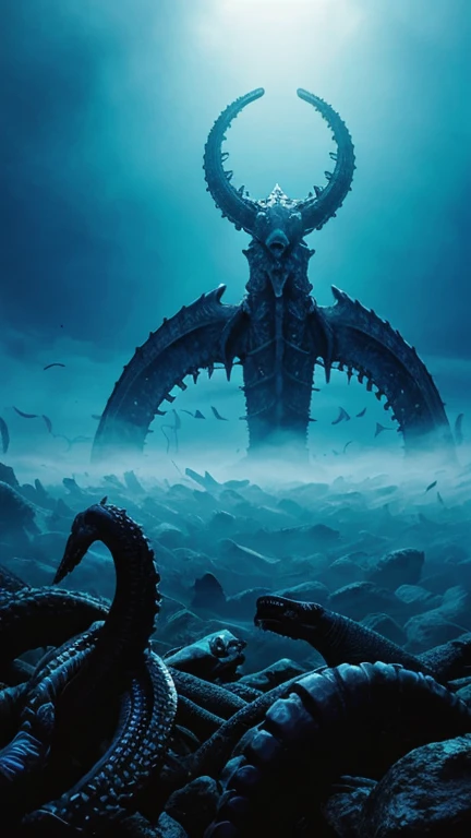 Gigantic Cthulhu in the ocean with its wings spread, small ships around it, storm, cinematic, detailed, atmospheric, epic, concept art, matte painting, lighting wells, mist, photo – realistic, volumetric light, cinematic epic + rule of thirds | 3 5 mm, 8 k, corona render, movie concept art, octane render, cinematic, trending on artstation, movie concept art, film composition, ultra – detailed, realistic, hyper – realistic, volumetric lighting, 8 k --auto --s2