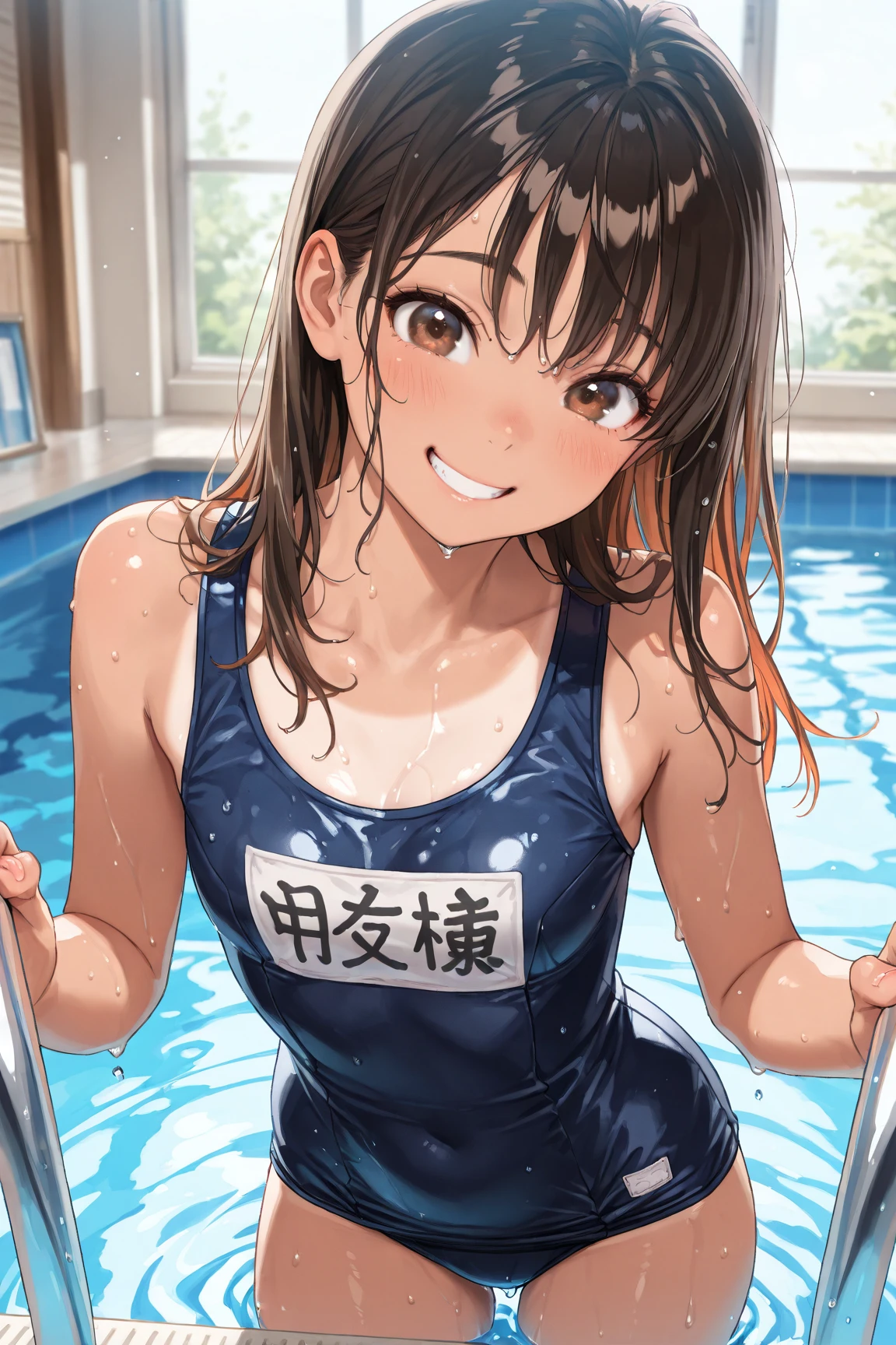 (Superflat, Flat Shading, Flat Color:1.1)、(Magazine Cover)、An illustration、(Asian boyish girl)、(cute:1.2)、Very beautiful 14 year old manga girl、Great smile、Blushing cheeks、(Skin with attention to detail: 1.2)、Photorealistic anime girl rendering、Realistic Anime 3D Style、cuteボブカット、Beautiful brown hair、Intense black eyes、Strong eye highlights、(Detailed、Mid-chest)、Perfect Anatomy、My hair is messy、Old-fashioned school swimsuit、((A torn and tattered school swimsuit))、White school swimsuit、((Wet))、From below、((from the front))、Showing off her school swimsuit、Small school swimsuit、Angle from the feet、From belowのアングル、((From below見上げるアングル、Showing crotch))、Volumetric lighting、Soft Light、bright、neon、Vibrant colors、Watercolor、