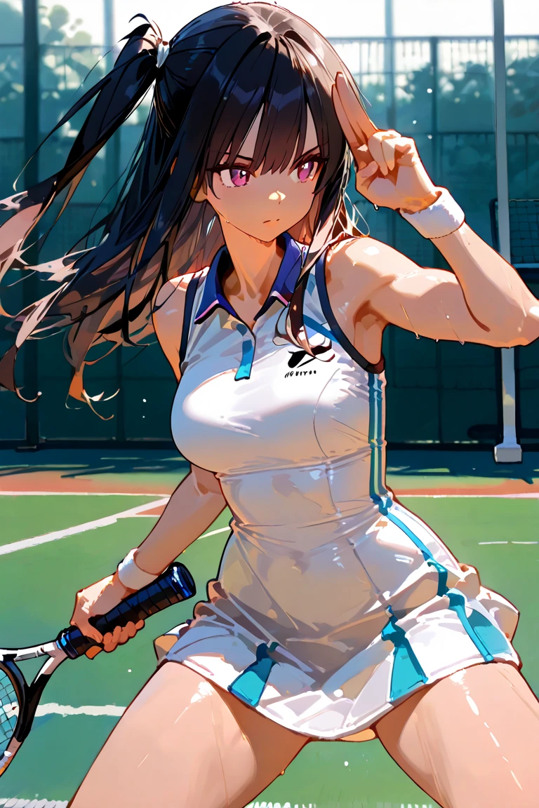 1girl, solo, tennis wear, white polo shirt, white sneakers, white miniskirt, masterpiece, best quality, realistic, hyper-detailed, slender, (shiny skin, sweaty:1.4), absurd, looking at viewer, short twintail, black hair, brown eyes, dynamic lighting, high resolution, sharp focus, depth of field, detailed eyes, sharp pupils, realistic pupils, (small breasts:1.3), (thick thighs:1.1), outdoor, sky