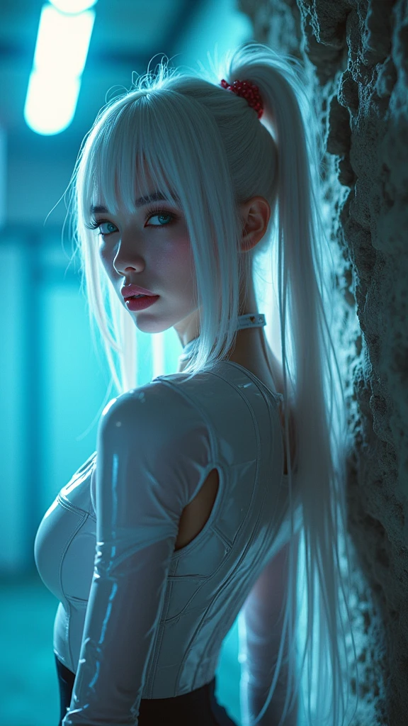 masterpiece, high quality, Ethyl Ketone, 1 Girl, white hair, Ponytail, Red slip dress, Cosmic background outside the porthole of a spaceship, Warm gaze, Solar eclipse background