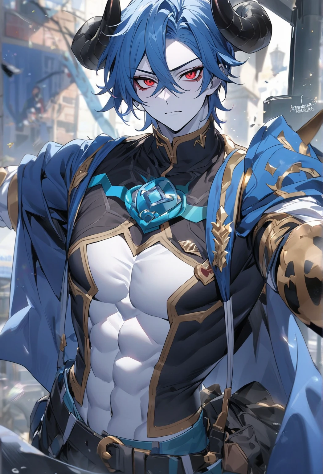 absurdres, highres, ultra detailed, HDR, masterpiece, extremely detailed face and eyes, Saizo, red hair, expressive red eyes, Fire Emblem Fates, black mask, solo, sexy man, handsome, blue cape, black tight shirt, patterns, toned chest, black gloves, pink ice flowers, pink ice butterflies, water