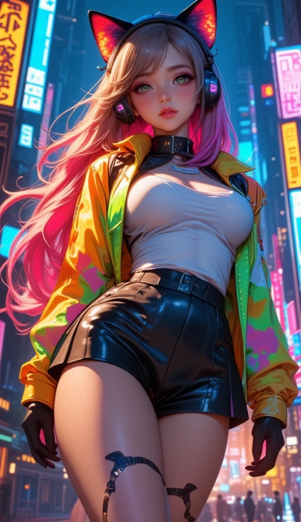 Centered, symmetrical, official art, unity 8k wallpaper, ultra detailed, beautiful and aesthetic, masterpiece, best quality, Amazing woman, neon colors, neon lights, cyberpunk alley, night street