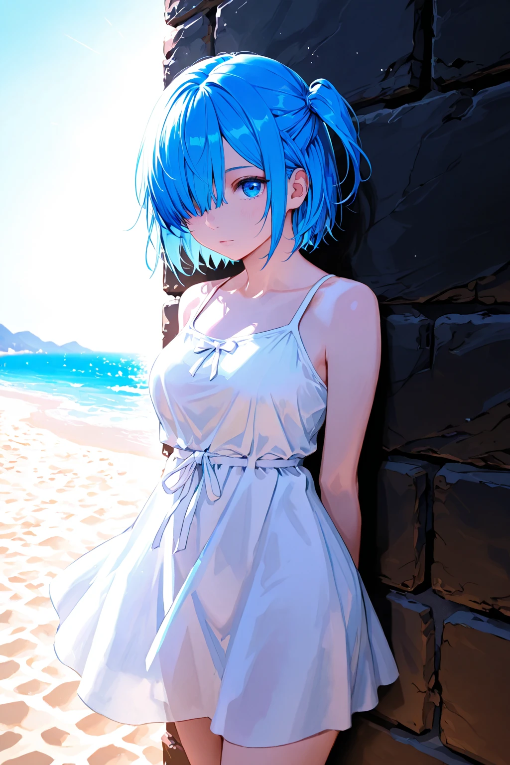 masterpiece, Highest quality, Rem, One Girl, lingerie,Beautiful Eyes,Blue Hair,Upper Body,Seaside