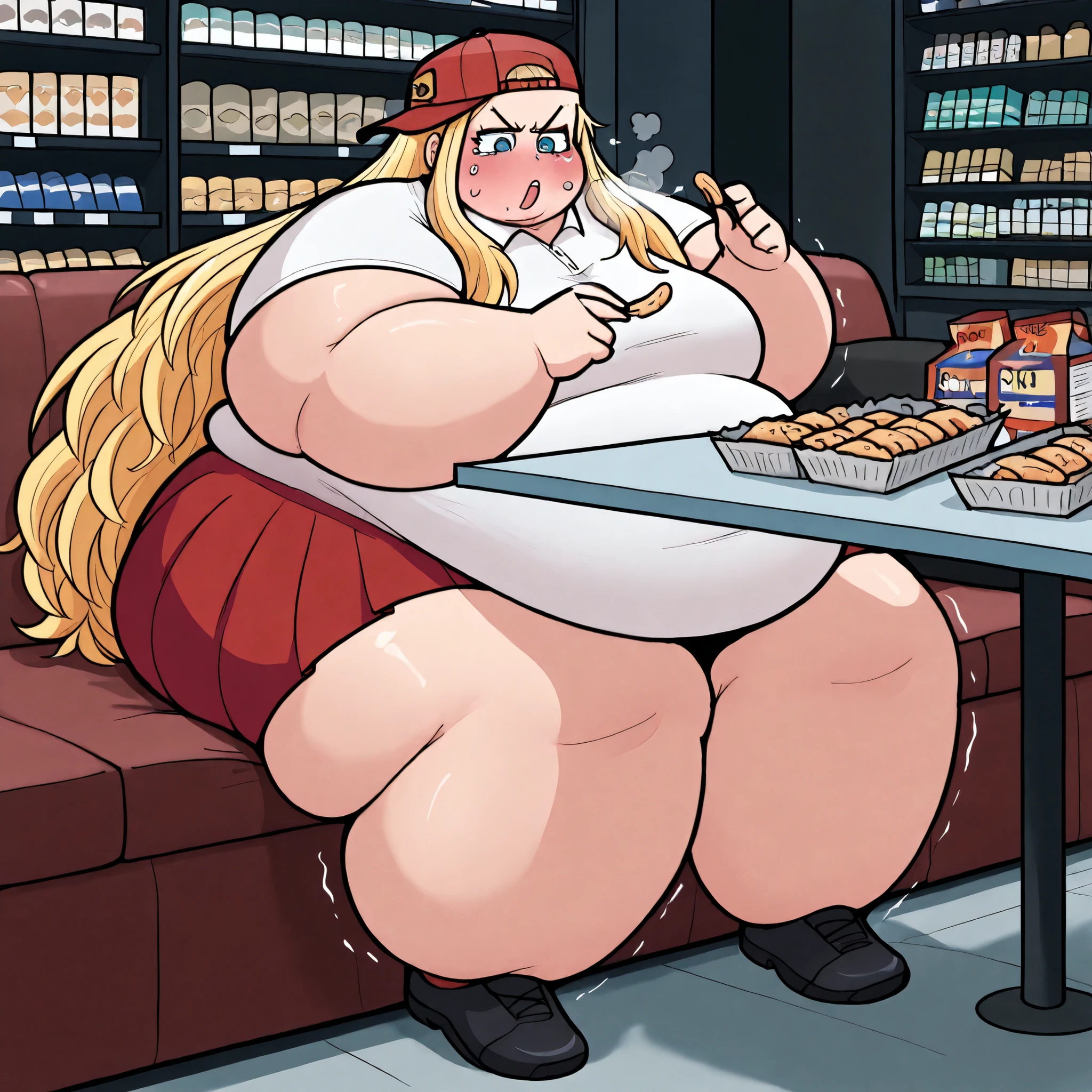 (masterpiece, detailed, realistic:1.2), high aesthetic, young woman, USSBBW, (morbidly obese, fatblob:1.3), high aesthetic, sat on floor, surrounded by empty pizza boxes, nude, red baseball hat, detailed face, beautiful face, (guilty expression),
