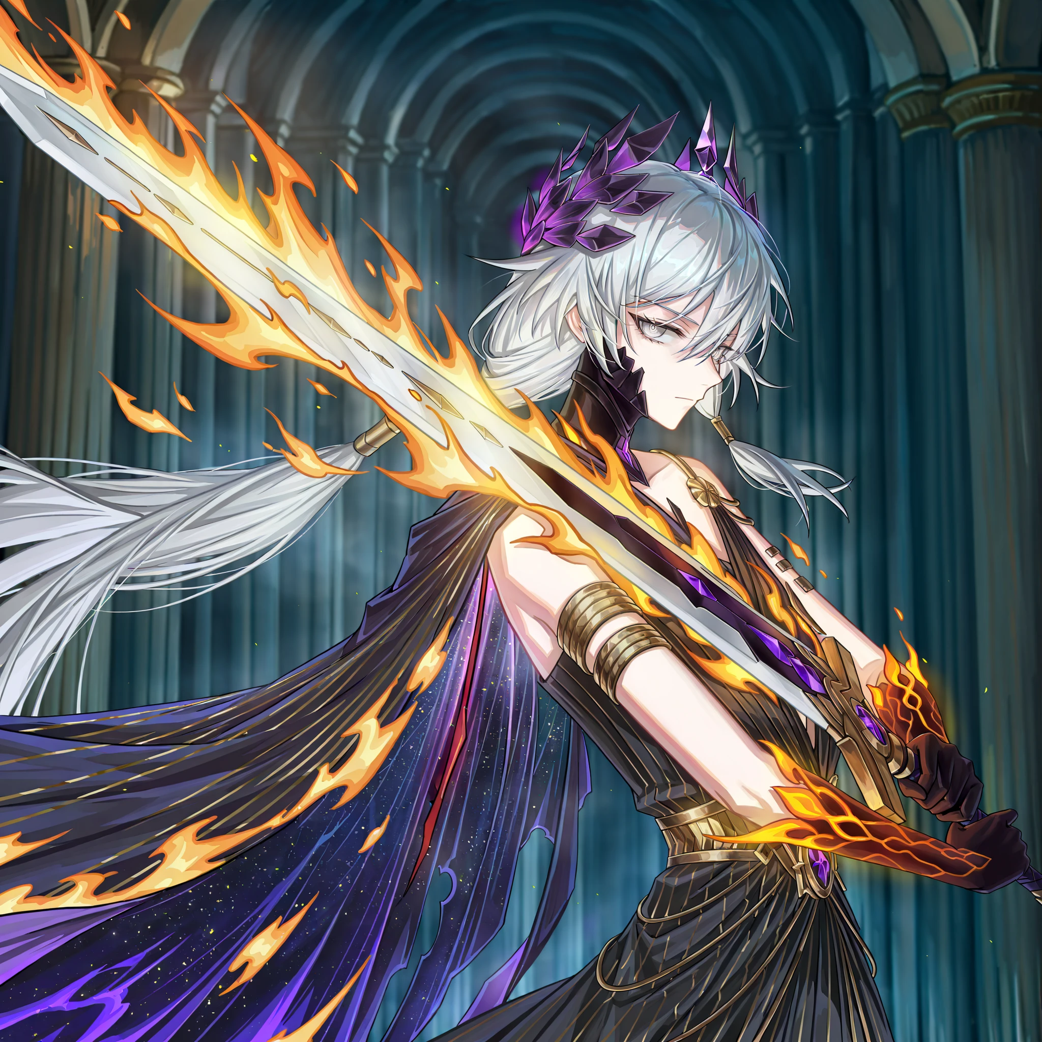 (upper body focus, from the side, medium shot:1.22), dynamic pose, three quarter shot, looking at viewer, mature, 1girl, solo, masterpiece, best quality, amazing quality, very aesthetic, high resolution, ultra-detailed, dramatic lighting, CG art, absurdres, scenery, golden aura, golden flames, white flames, (Senti, Herrscher of Sentience, FuHua, Fol005, Fh_Hos:1.23), flat chest, white hair, white eyes, carapace, shoulder cape, black dress with golden trim, gold accents, synthetic armour, nanoweave, (greco roman dress, greek dress:1.4), wielding greatsword, bloody red greatsword, warrioress, priestess, laurel crown, glowing cape, Vergillius from Limbus company, LionLimbus, cosmic weapon, asymmetrical clothes, SSR Gacha character, villainous, ornate clothes, (flame sword summons, cosmic sword:1.3),