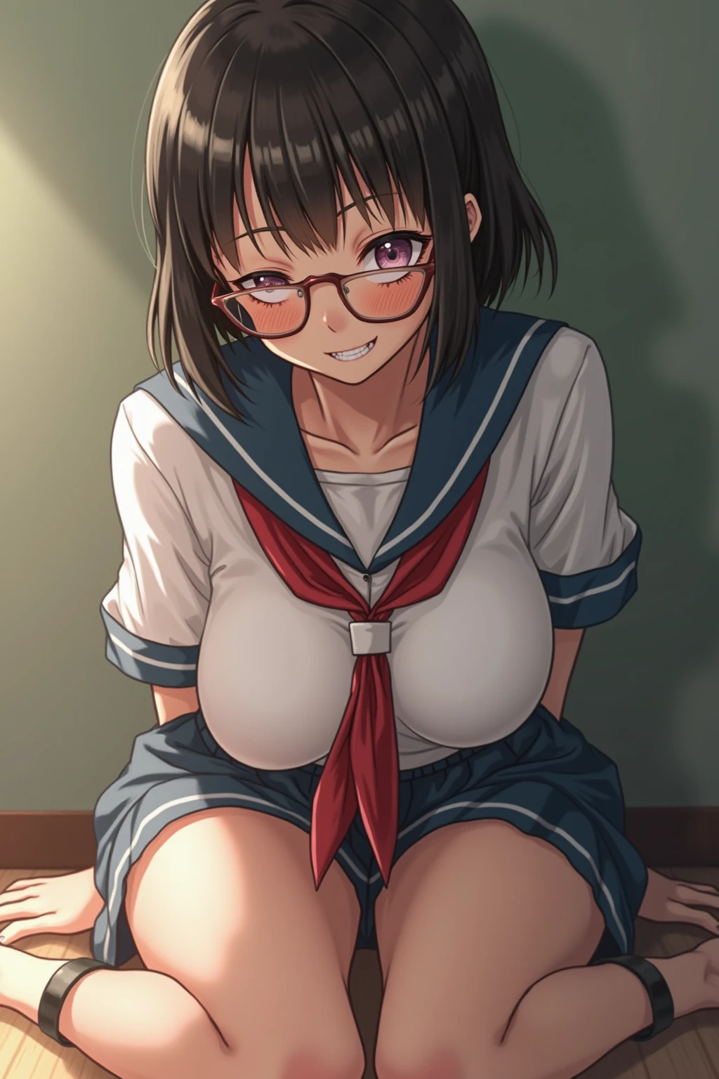 Lesbian、Sailor suit、Glasses、Pleated skirt、Hold out panties with both hands、(To pee:1.8)Panties as a gift、Nipples、Sailor suit、Pleated skirt、Nipples