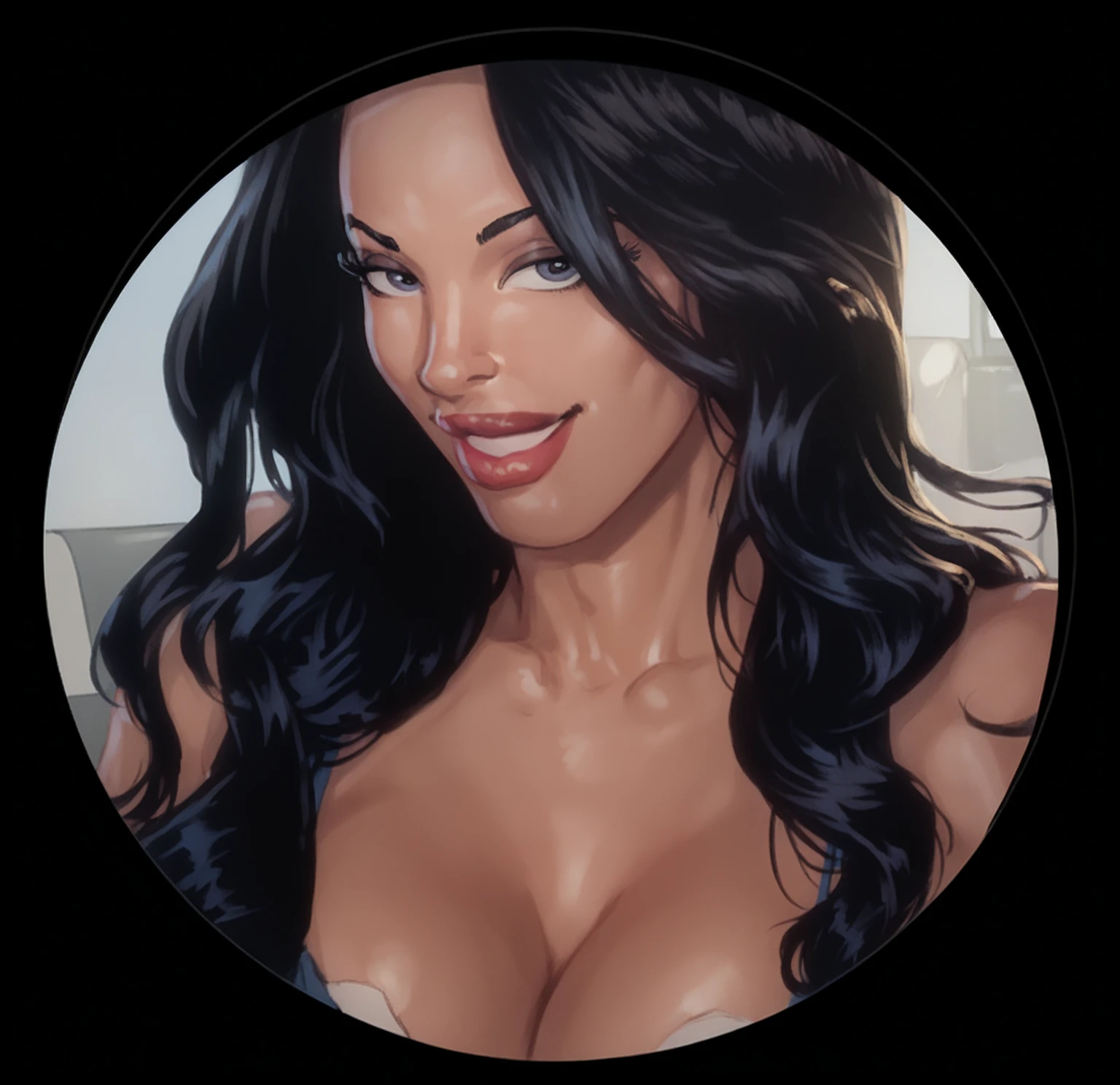 Woman, bronze tan skin, hot fit and toned body, fully nude, thick breasts, freckles, long black hair with bangs, thick frame glasses, laying back, open spread legs missionary sex, sweaty, high detail