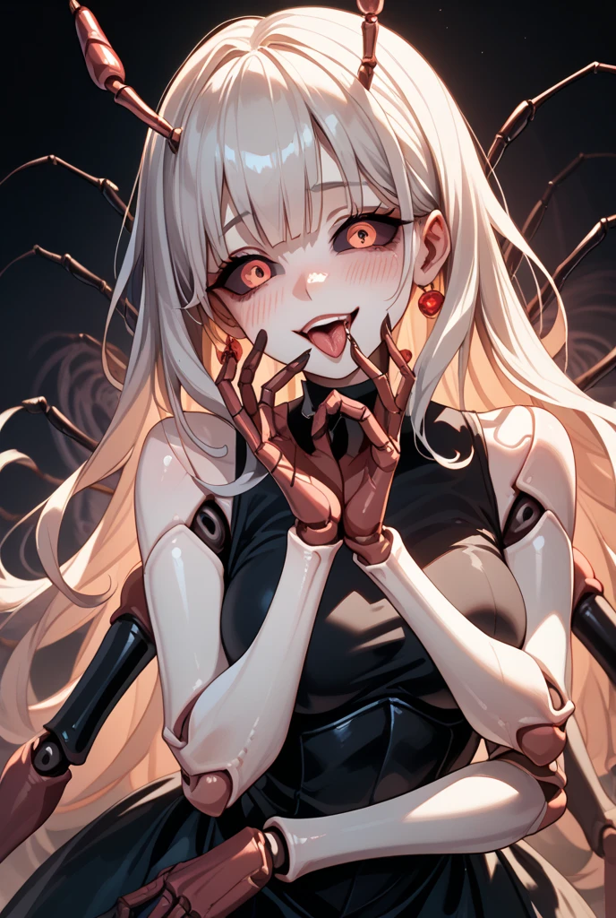 A horrifying, patchwork woman, made of various human body parts, with numerous limbs and rough stitches clearly visible, in a dimly lit, creepy setting.
