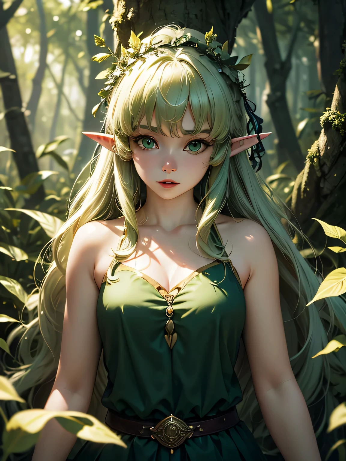 masterpiece, best quality, 1girl,druid,leaf clothing,(wood staff),(energy flow:1.2),horns,gorgeous,ornate, beautiful,looking at viewer,forest,perfect lighting,circlet (masterpiece, high quality:1.2), elf
