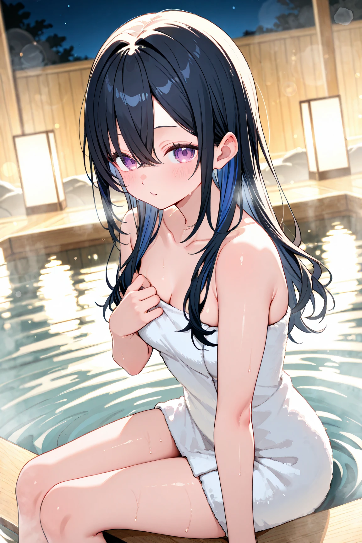 masterpiece,Highest quality,High resolution,shape,Very detailed,8k CG wallpaper,Ray Tracing,(Black Hair:1.1),((Long Hair:1.1)),(black eye:1.1),Straight hair,Medium Chest,),cover your chest with your hands,((Embarrassing:1.2)),((take a bath:1.2)), Nighttime hot springs,moon,back,look back,School Swimsuit,sit