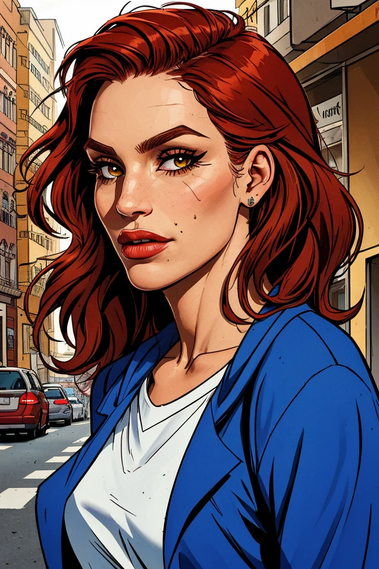 businesswoman, Youngh, comely, Breasts huge, neckleace, Red hair, messy hair bun, tied up hair, hair up, Accurate shot, looking ahead at viewer, ssmile, cloused mouth, (work of art, maximum quality, best qualityer, detailded:1.2),