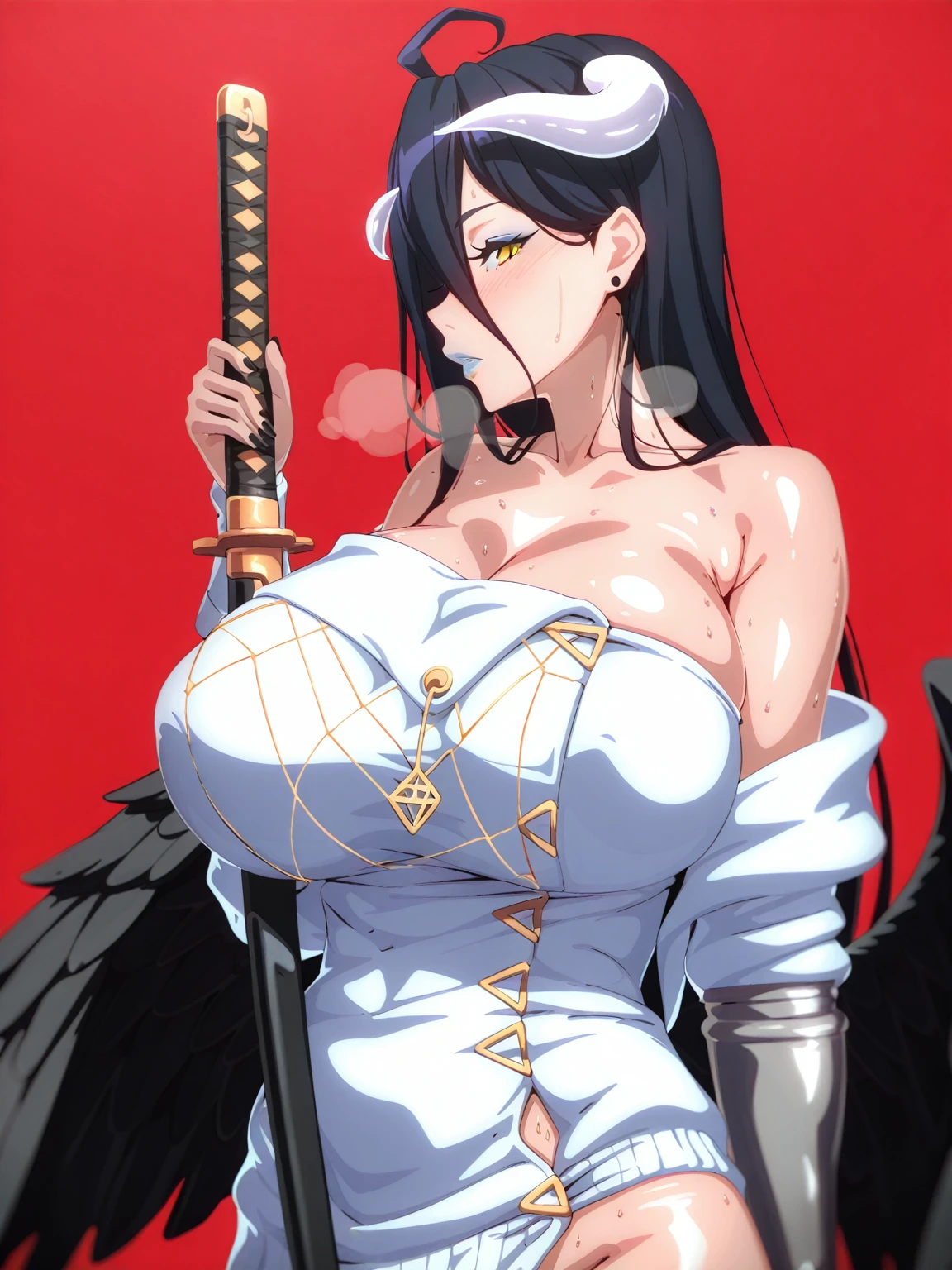 ((masterpiece)), ((best quality)), ((full colored)), beautiful girl, curvy, tall, belly button, big breasts, femdom, slaughter, bloody white dress, Blood on the body, Bloody, Blood on the belly button, Blood on the belly, Blood on the breasts, tall, gun, knife, sword, war, underwear, kill, Behead, shot from below, sensual, Blood on the breasts, smile, spattered by much blood, having a big bloody sword, reflecting blood on the whole body, looking down on me, massaging breasts, getting excited sexially, kill everyone, cruel, background with battlefield