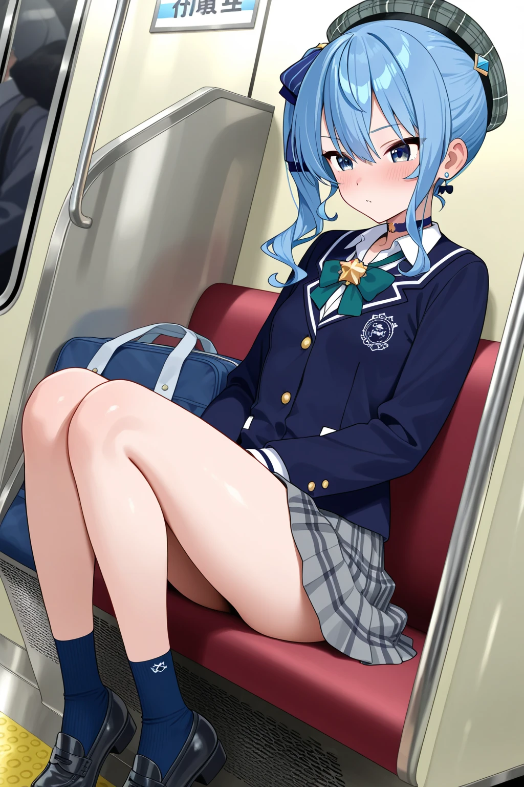 (masterpiece),( best quality),concept art,
(1girl holding school bag on train interior has hair over one eye),expressionless,(shiny skin),((sitting)),(detailed long legs),short silver hair,(blue socks),shoes,skirt,school uniform, blue bowtie, blue bow,thighs,(from deeep below:1.5),