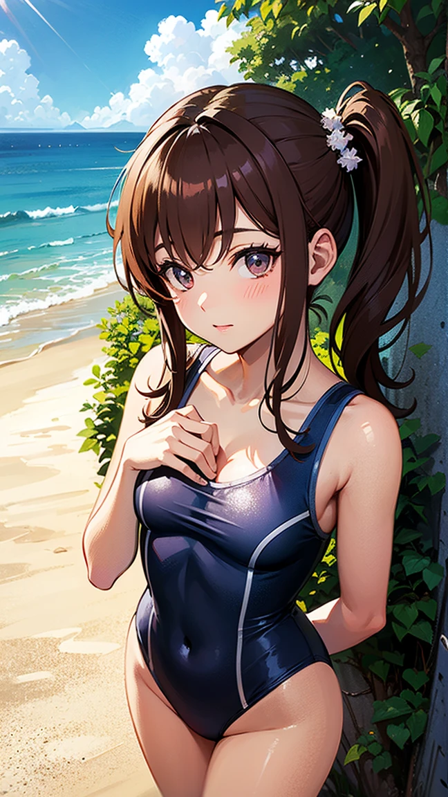 School Swimsuit, smile, blush, sweat, beach