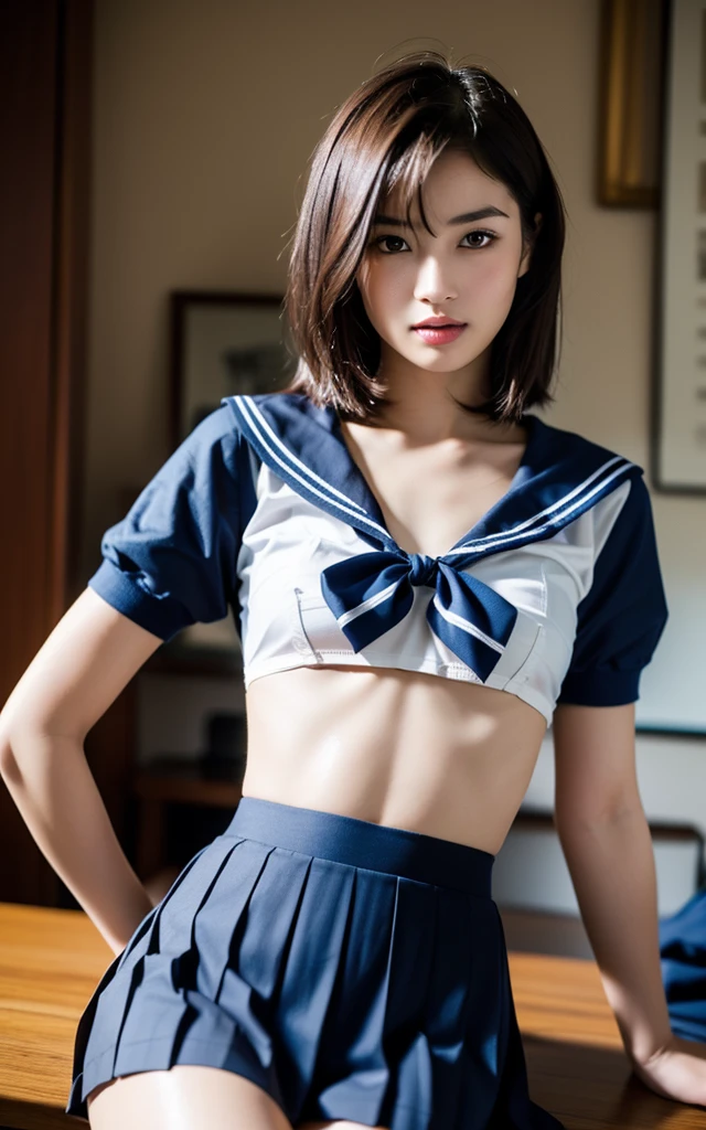 (8K、RAW Photos、top-quality、masterpiece:1.2)、(realisitic、Photorealsitic:1.37)、女の子1人、japanes、sixteen years old、femele、Classroom、natta、profetional lighting、Photon mapping、torn、Colossal tits、The tips of the knitted, which are pure white and very small in size, stick out、areola protruding、The shape of the pubic area is clearly visible、gals、Lots of lashes、Lame on the eyelids、Pitch black lip、Pitch black heels、pubick hair、the lower abdomen bristles、A slender、crotch open、My are big and are about to spill out of my bra、Very much pubic hair、pubic hair is very protruding、((a sailor suit))、maroon short hair