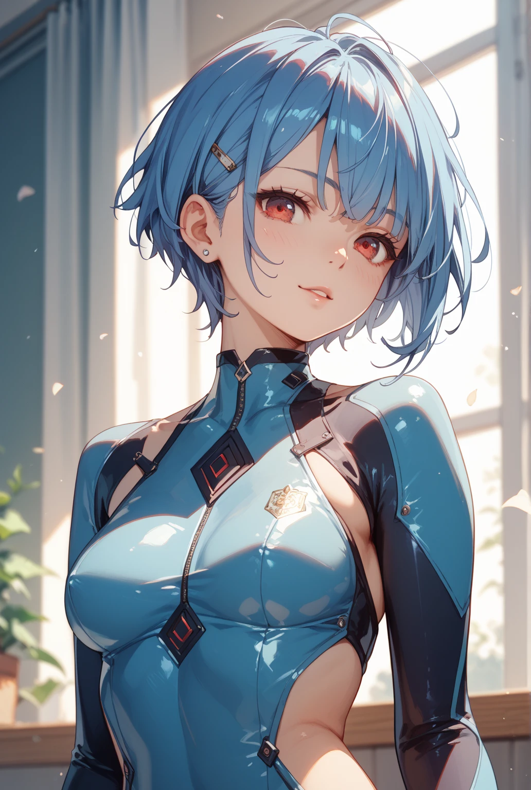 High resolution, One girl, chest,Simple Background, Blue Hair/Light blue hair, Cowboy Shot, 大きなchest, Red eyes, 大きなchest, Earrings, smile, smiling, 8k octane, High resolution, masterpiece, High detail, High-resolution model, high quality, Textured skin, 