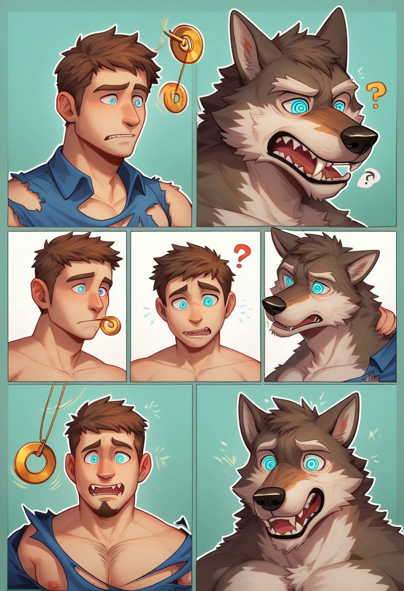 Male, Werewolf, canine, shirtless, ripped clothing, Werewolf transformation, human, bright glowing eyes, confused expression, canine penis, sheath, sharp teeth, detailed mouth, hypnosis, hypnotic eyes, bright glowing eyes, transformation sequence, transformation series