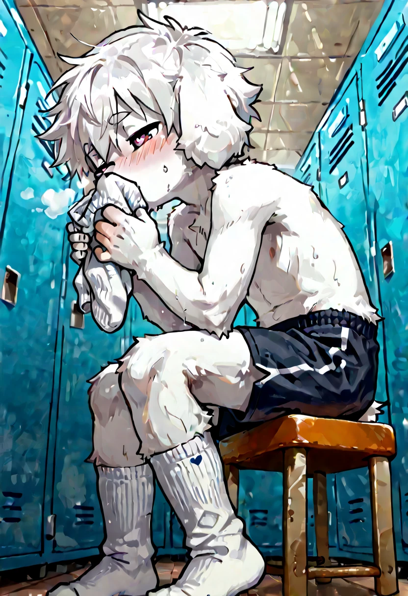 super fine illustrations,1 boy,A little boy 150 cm tall,silber hair,red color eyes,White skin,Heart to eye,Ponytail hairstyle,perspired,Shirtless,Lewd expression,Sexy,Gay,pleasant sensation,vehement,Femininity,Wear only briefs,There is a milky white liquid on the body,There are pronounced male genitalia,drools,drenched all over the body,Precise legs,(Conspicuous male genitalia),(Urination:1.4),(pee stain, pee stream, wetting, pee puddle),Animate,Full body like,