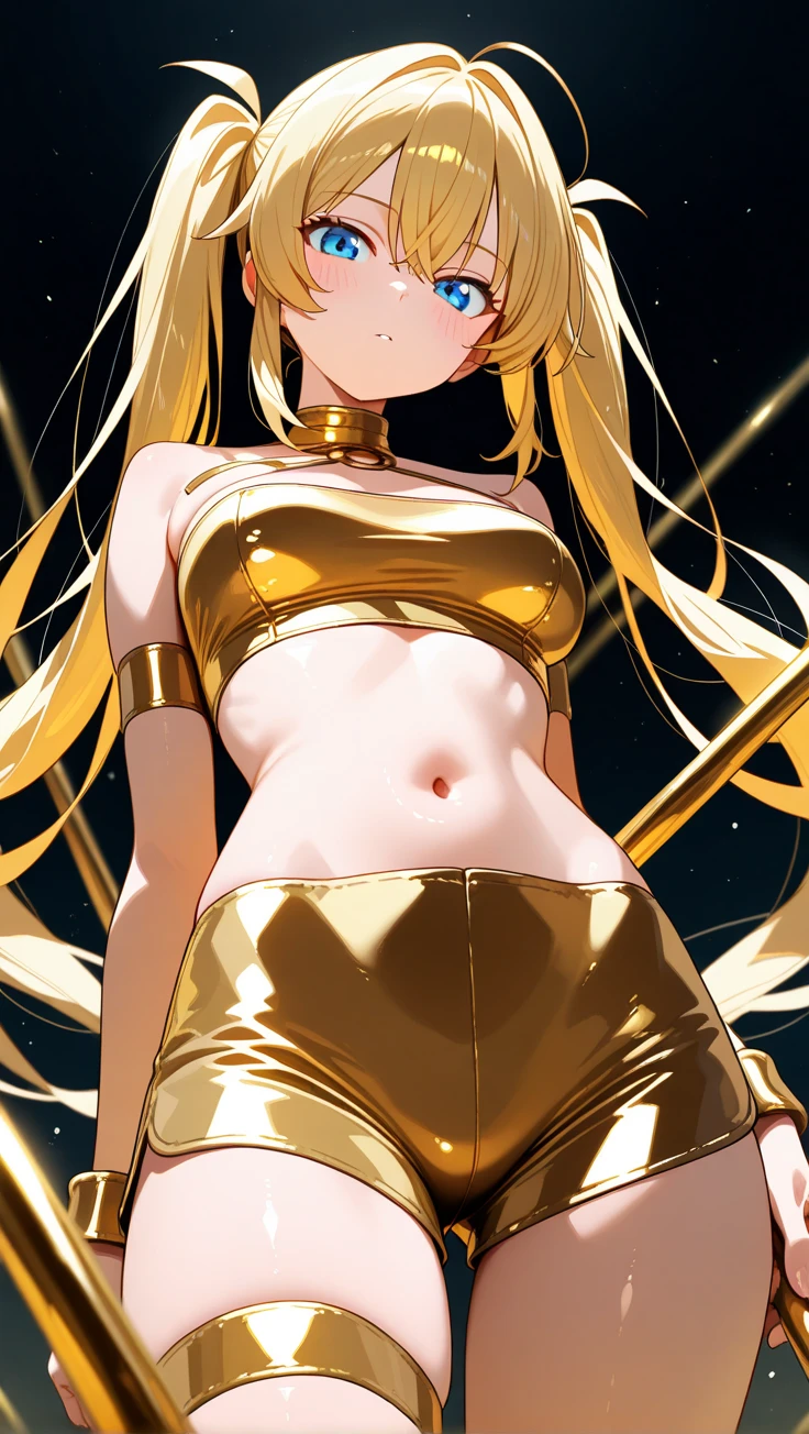(plain black background) (black gyaru darkest skin) Princess Nina wearing yellowish tiger print bikini, hands on hips, kneeling, golden = (shackles wristbands, chains, bracers, handcuffs) leather collar choker, metal sandals, big knockers, happy