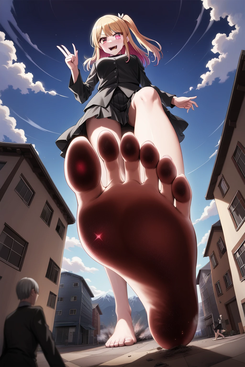 A giant woman is walking、Vision、Scary face、Scary atmosphere、Sailor suit、high school girl、Lift your legs、trample、小さな高層ビルをtrample、Buildings being crushed、huge soles、Dirty soles、anime、勢いよくtrample、Looking up at a woman's body from below、army、tank、Soldiers are fighting、battlefield、Giant woman、smile、blush、Trample a building、Low - Angle、Person looking up at the sky from the ground、Destroyed City、Flying debris、Black smoke、night、Disaster、walk、Twin tailassive acts of vandalism、highest quality、High quality、Vibrant、Detailed body structure、Accurate feetの指、Accurate feet