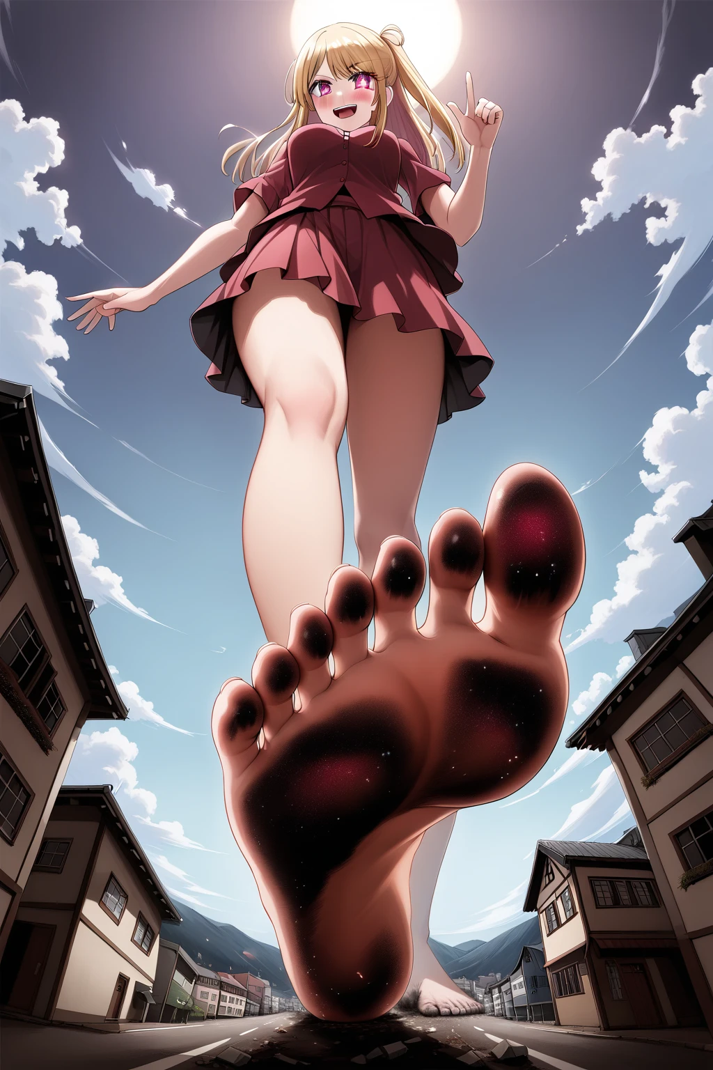 photograph、cute、Japanese women、masterpiece、highest quality、High resolution、Very detailed、Big eyes、Small Nose、Small Mouth、short hair、Small breasts、若いJapanese women、Tiny swimsuit、Giantess、Destroyed urban area、rubble、Destroy a busy thoroughfare、