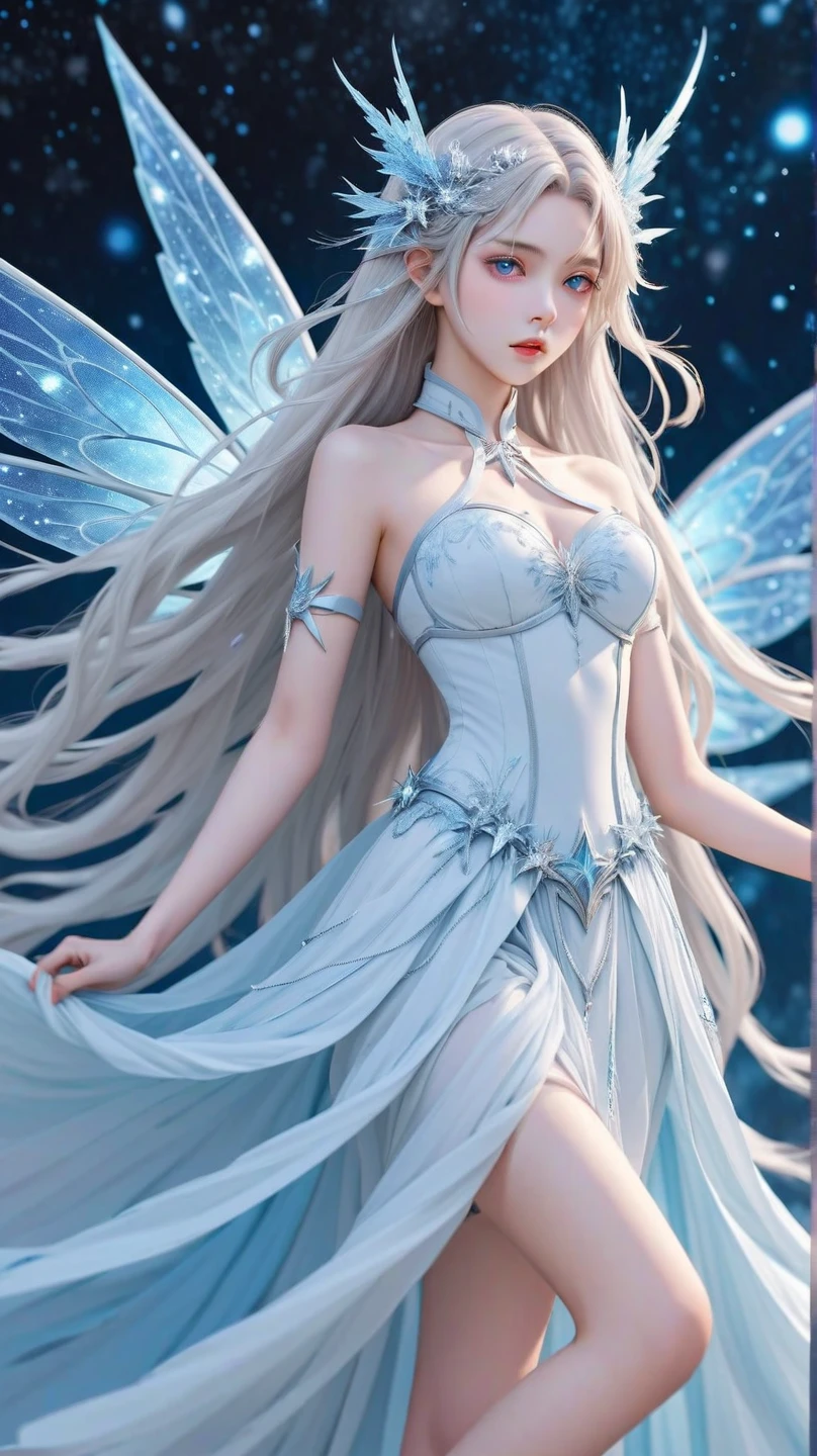1 fairy, mature girl, golden side tail, large garnet-colored eyes, cute smile of a young face, as if to emphasize the line of the body, dressed in a long white and silver-white frill curtain that is wrapped in the wind, shaking the four rainbow-colored wings growing on her back, flying over the surface of the lake, night curtain, a large moon dominates the sky, a lake where the moonlight reflects wildly, and while creating a water pattern on the lake surface, on the stage of the lake surface of the deep forest, the one-of-a-a-a-kind, a nice full-body up angle photo,