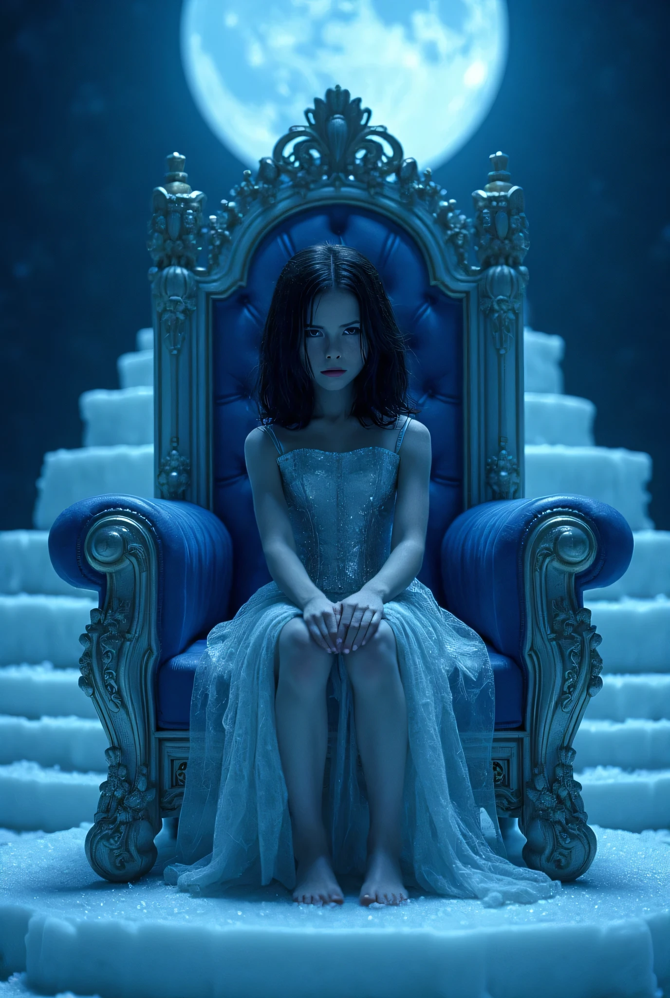high détail, Clarity, 10 kkk, Throne of graph, young girl, 2, dark straight hair, shorth hair, blue colored eyes, with blue moon behind, ice steps to the sky to the throne in front, 真实感, 4K