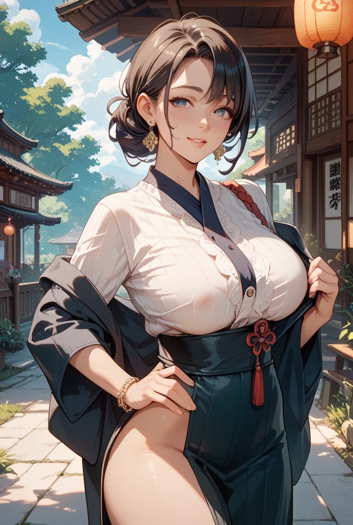 Tabletop, Highest quality, Realistic, In detail, High resolution, 8k wallpaper, Perfect dynamic composition, Beautiful attention to detail, (Shiny Hair, Medium Hair, Wavy Hair), Roll Up Hair, (natural large breasts:1.8),Cute pose, (yukata, yukata, White, Pale Green), smile, 23 years old, (Droopy Eyes), Adult Beauty, Japanese, ((Seduce, Intimate Relationships)), night, Summer festival, working,Walking while looking at shops,profile,