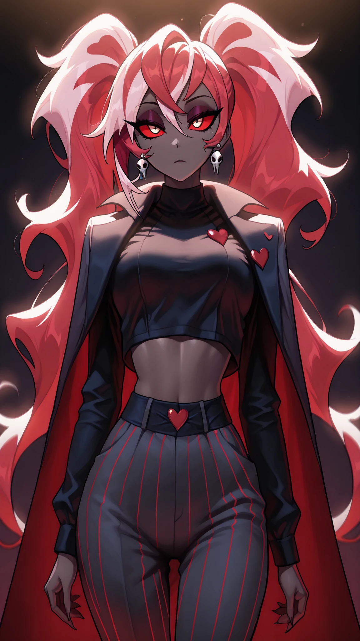 Hearts,Crop Top,Multicolored Hair,Striped,Red Hair,Pink Hair,Cape,Eyeshadow,Midriff,Colored Sclera,Twintails,Earrings,Velvette,Long Hair,Dark Skin,Colored Skin,dark background,backlighting,(masterpiece, detailed:1.2), office lady attire, fitted formal pants, slim, sexy, model