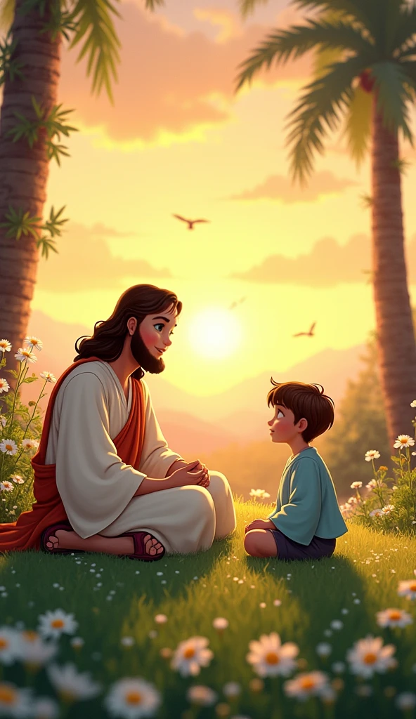 JESUS TAUGHT SITTING IN A VALLEY PUTTING A CHILD IN THE CENTER IN FRONT OF THE PEOPLE PIXAR STYLE