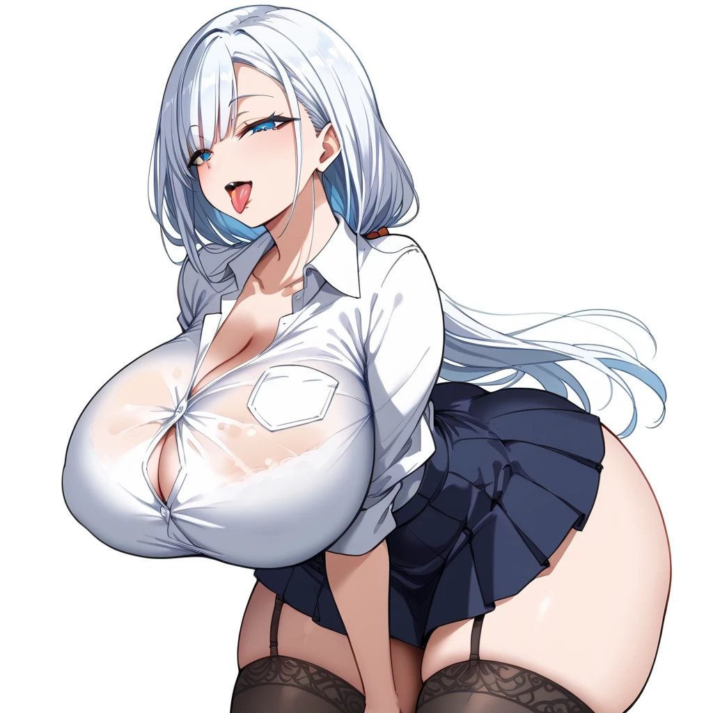 a fully nude women, beautiful, naked, large breasts, thick thighs, humongous nipples. She has a horny expression and is showing off her huge breasts with big nipples to the viewer. She has long silver hair and grey eyes. Wearing black stockings. She has a nice big wet vagina. No water.she is skinny. She has a horny look in her eyes. No horns she has cum on breasts. She has white cat ears and is in a hotel room. Over the woman’s vagina she has a very large futanari penis. Her penis is big and has cum dripping from it. She is wearing black stockings