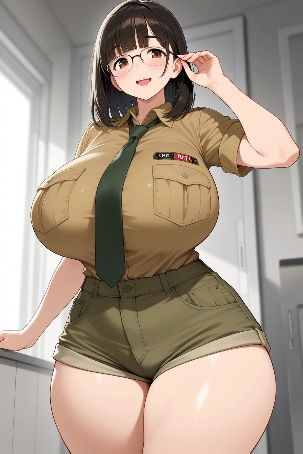 (best quality), (masterpiece), 1 girl, early 20's, huge heavy breasts, busty, perky breasts, thick, thick lips, wide hips, thin waist, loose updo, sagging breasts, wearing target uniform, wearing red polo, wearing khaki pants