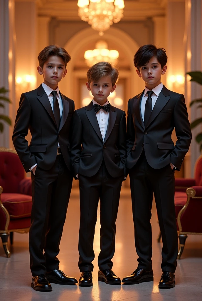 3 Russian children boys with 10 years old, WITH LONG STRAIGHT HAIR blonde, PORTRAIT STYLE, sitting on a burning red sofa, promotional image, promotional image, photoshoot, promotional art, key art,- Joy vampire queen, by david rubín, netflix, lucifer the star, portrait shot, still, promotional, merge, promotional image of the film, portrait anya taylor-joy, charli bowater and artgeem