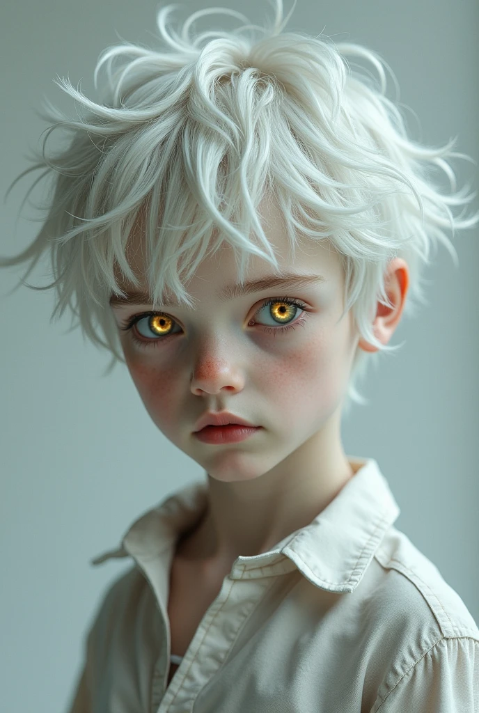 A boy:white hair with white skin,Golden eyes staring straight ahead