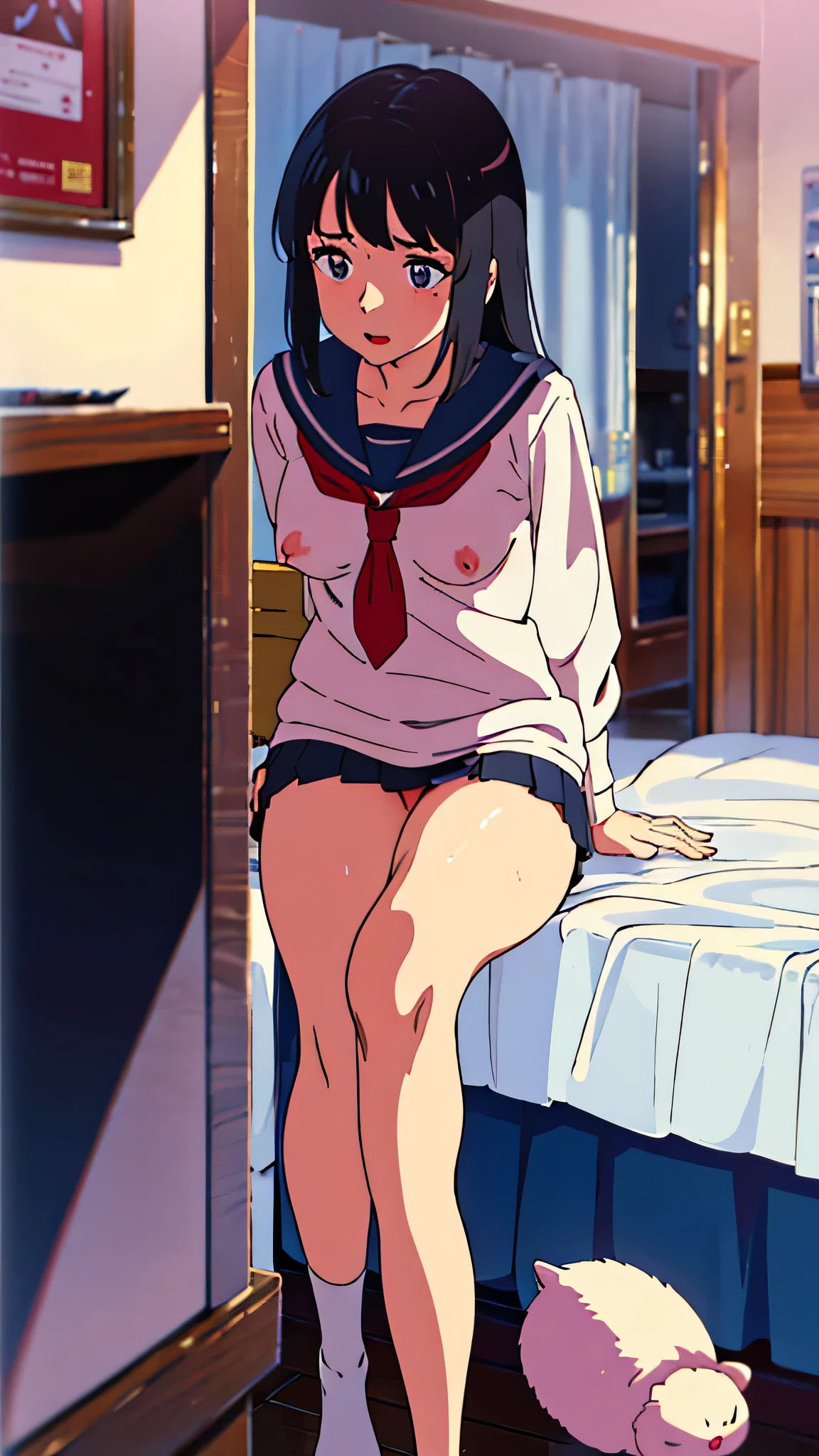 masterpiece:1,2)、(Full nudity and small breasts)、(((Forced sexual intercourse with a child)))、((Being raped at school))、(((Being vaginal ejaculation)))、((ハメられ、Crying slender beauty))、(Ultra high definition limbs and face)、top-quality、open open mouth、1 gills、Lying with the crotch spread、serafuku、